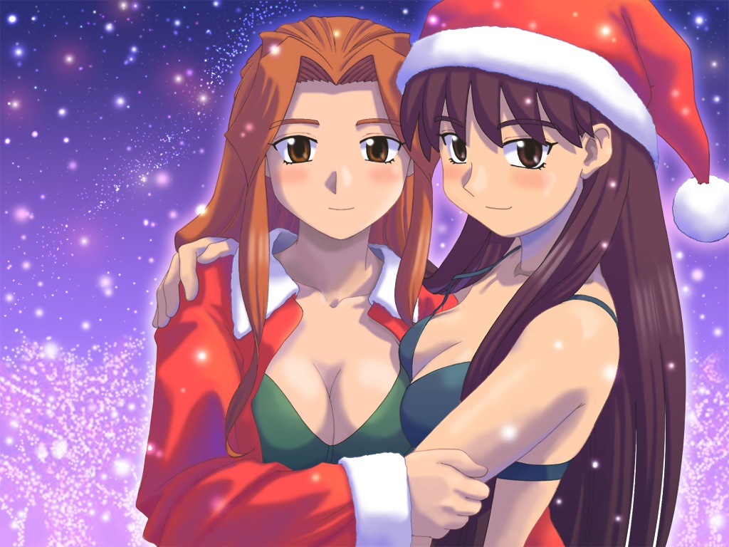 2girls, azuma_kiyohiko, blush, breasts, brown_eyes, brown_hair, christmas, cleavage, hat, long_hair, orange_eyes, orange_hair, rara_mitsuki, sanada_mitsuki, santa_costume, santa_hat, snow