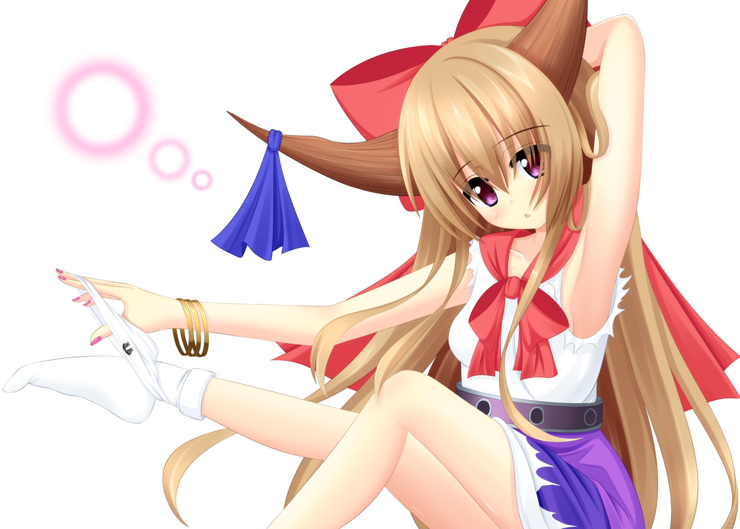 blush, bow, brown_hair, horns, ibuki_suika, long_hair, masiroke, panties