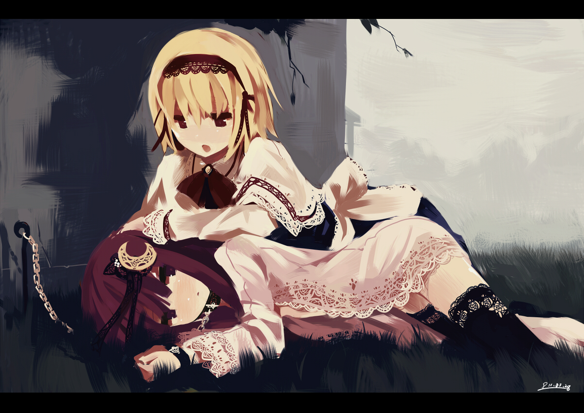 2girls, alice_margatroid, blonde_hair, chain, govurin, grass, patchouli_knowledge, thighhighs, touhou