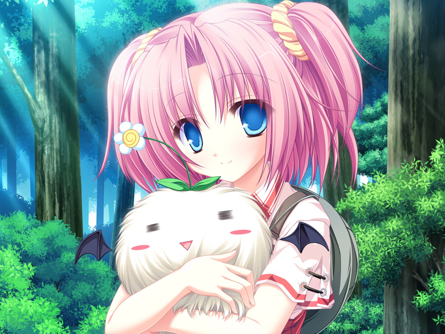 77, animal, blue_eyes, close, game_cg, kazamai_sakura, mikagami_mamizu, pink_hair, short_hair, tree, twintails, whirlpool