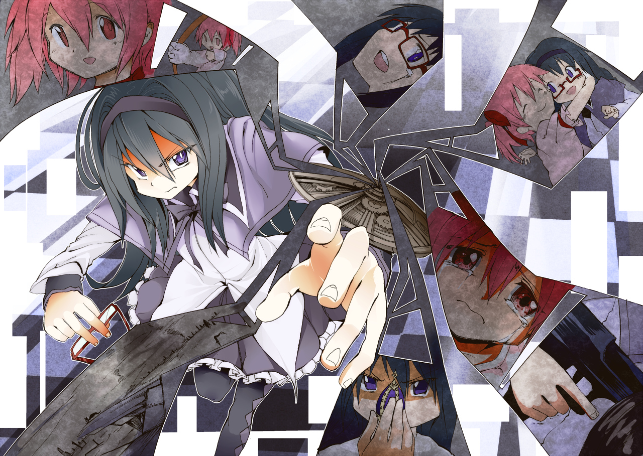 akemi_homura, glasses, kaname_madoka, mahou_shoujo_madoka_magica, pink_hair, purple_eyes, shigurio, tears