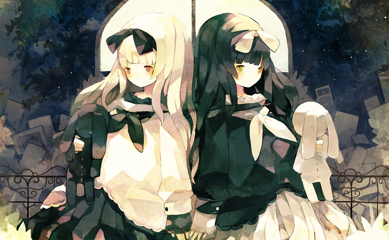 black_hair, blonde_hair, bow, brown_eyes, doll, nekotewi, original