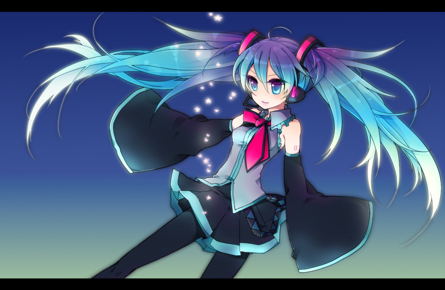 blue_eyes, blue_hair, gradient, hatsune_miku, iwashita_(nukopo), long_hair, pantyhose, twintails, vocaloid