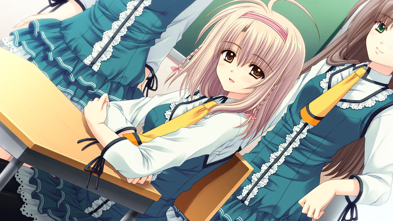 brown_eyes, brown_hair, game_cg, headband, nishimata_aoi, school_uniform, sekai_seifuku_kanojo, touno_sakurako