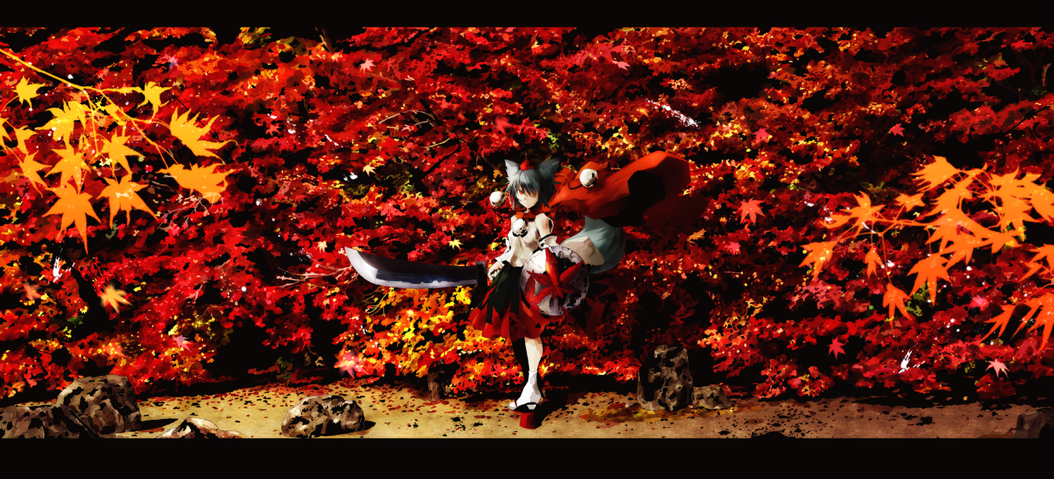 animal_ears, cape, hat, inubashiri_momiji, kuro_kichi, red_eyes, sword, tail