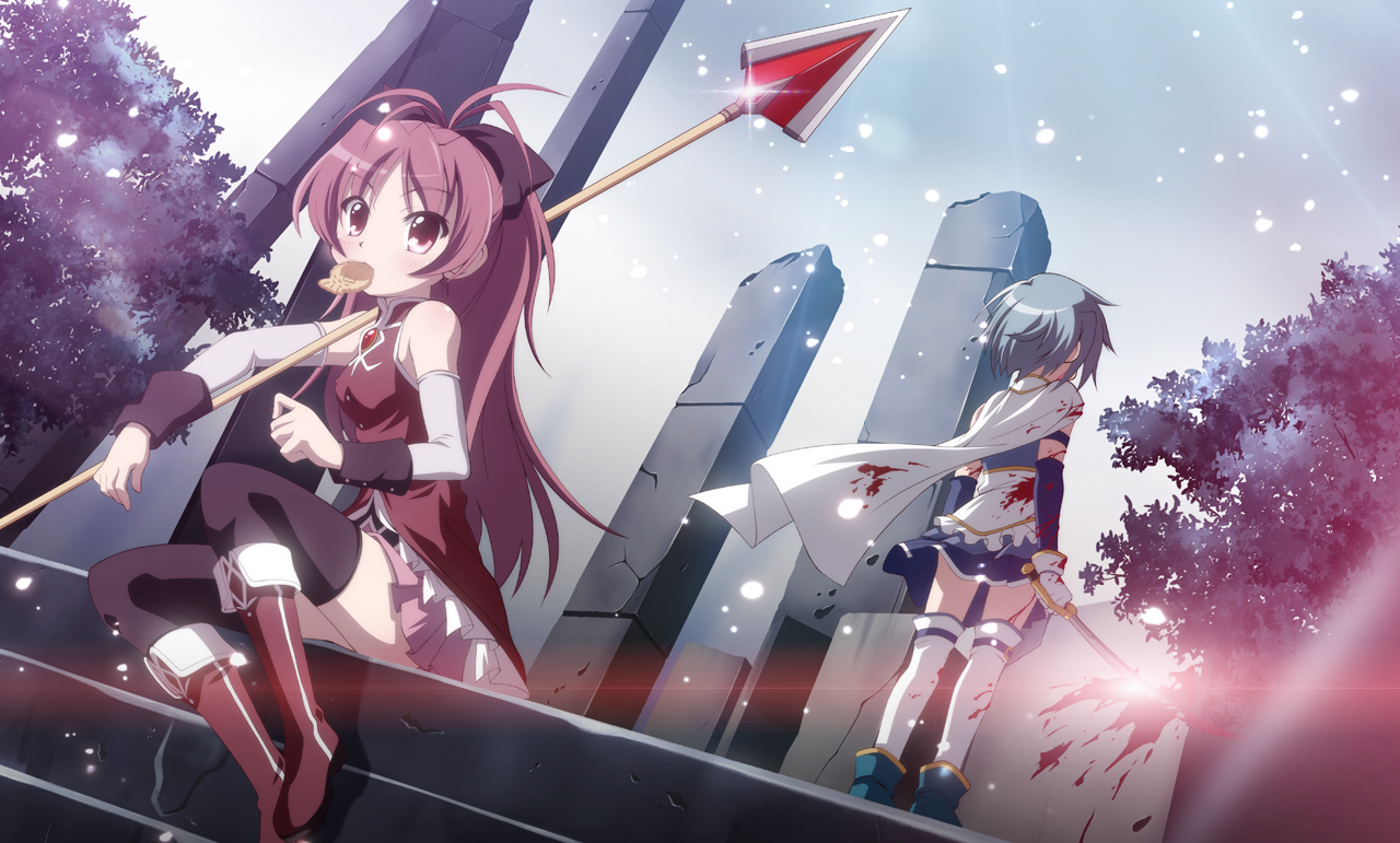 blood, izumi_bell, mahou_shoujo_madoka_magica, miki_sayaka, sakura_kyouko, spear, sword, weapon