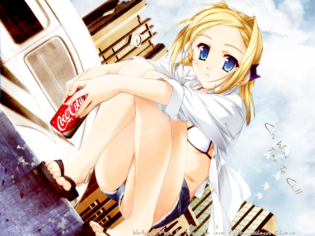 bettou_izumishizuka_scarlett, blonde_hair, blue_eyes, clouds, open_shirt, scarlett, sky