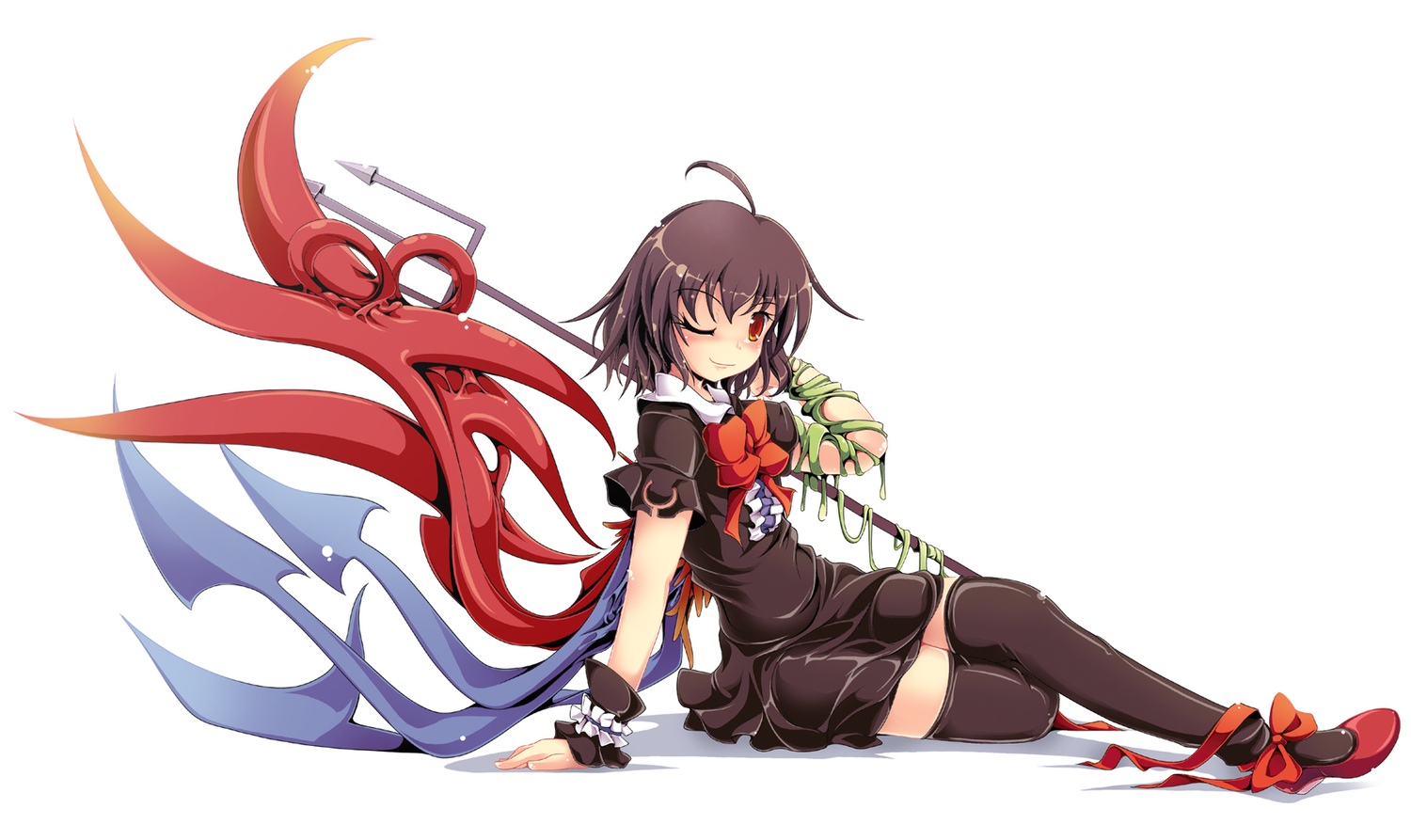 dress, houjuu_nue, ichirino_minagi, red_eyes, thighhighs, touhou, weapon, white, wings, wink