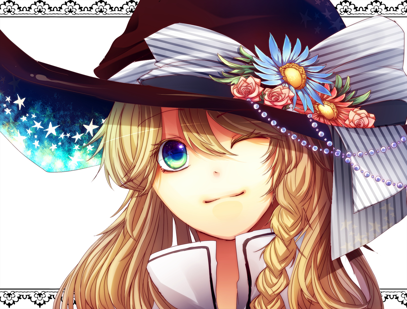 blonde_hair, blue_eyes, flowers, hat, kirisame_marisa, lion_nicole, touhou, white, wink, witch