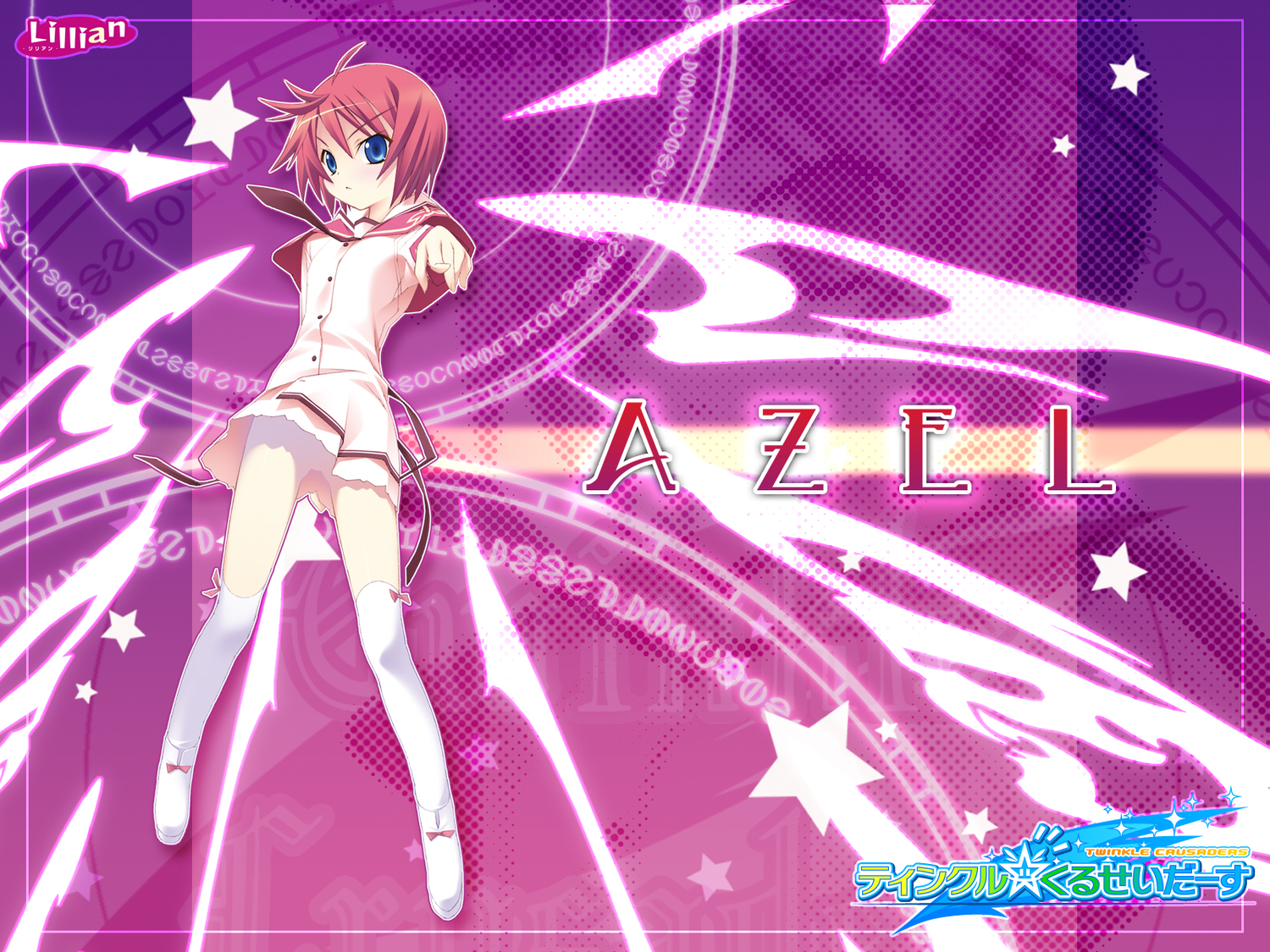 azel, blue_eyes, kannagi_rei, red_hair, school_uniform, short_hair, twinkle_crusaders