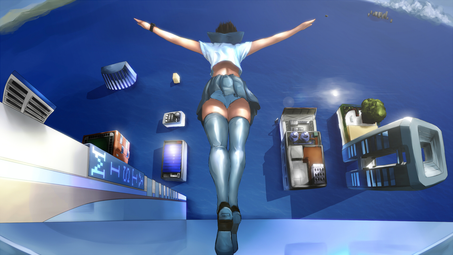 building, ghostshell0083, original, panties, school_uniform, short_hair, thighhighs, underwear, water