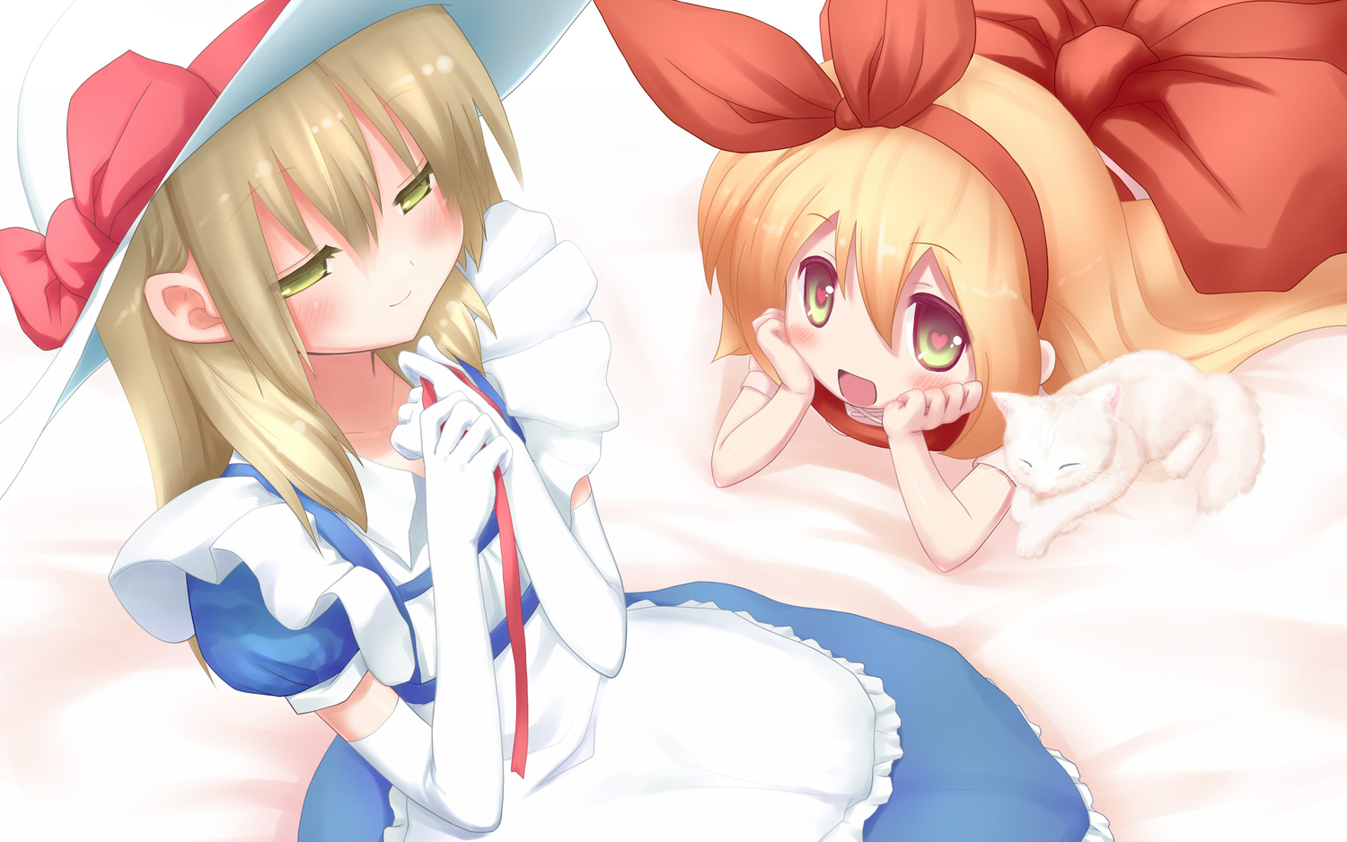 2girls, animal, apron, blonde_hair, cat, ellen, hat, heart