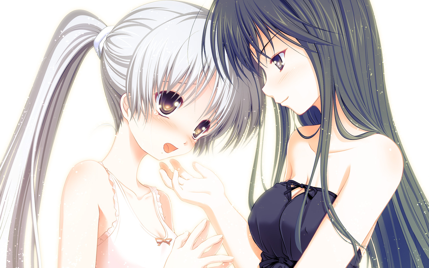 2girls, black_eyes, black_hair, blush, breasts, gray_hair, long_hair, original