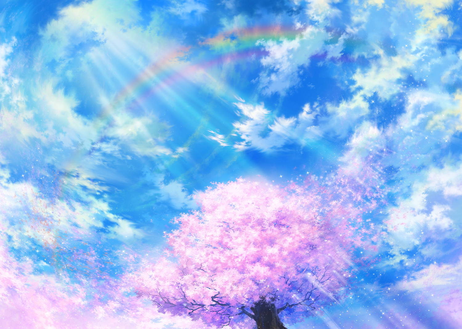cherry_blossoms, clouds, flowers, iy_tujiki, no_humans, original, petals, rainbow
