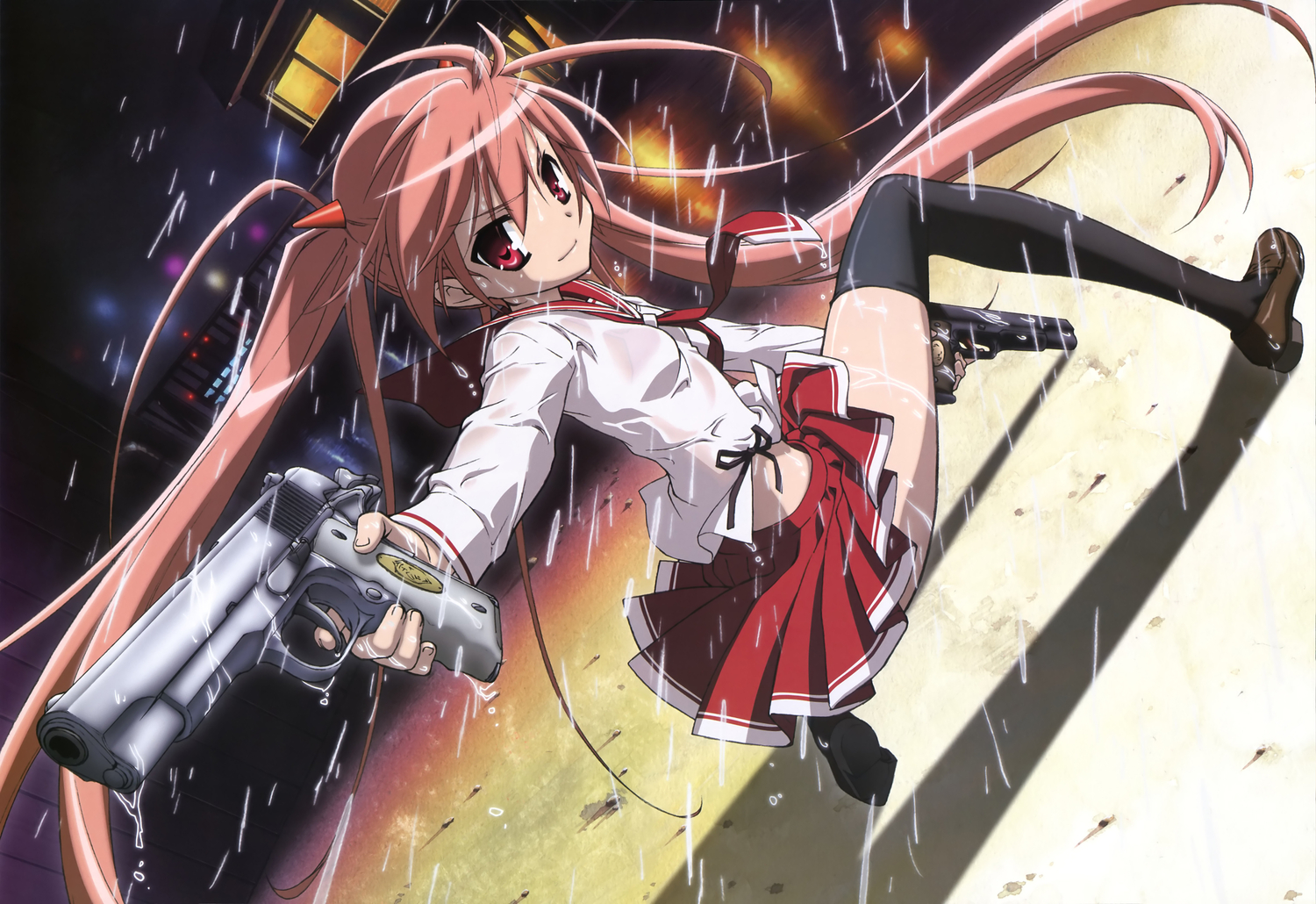 gun, hidan_no_aria, kanzaki_h_aria, long_hair, nyantype, pink_hair, rain, red_eyes