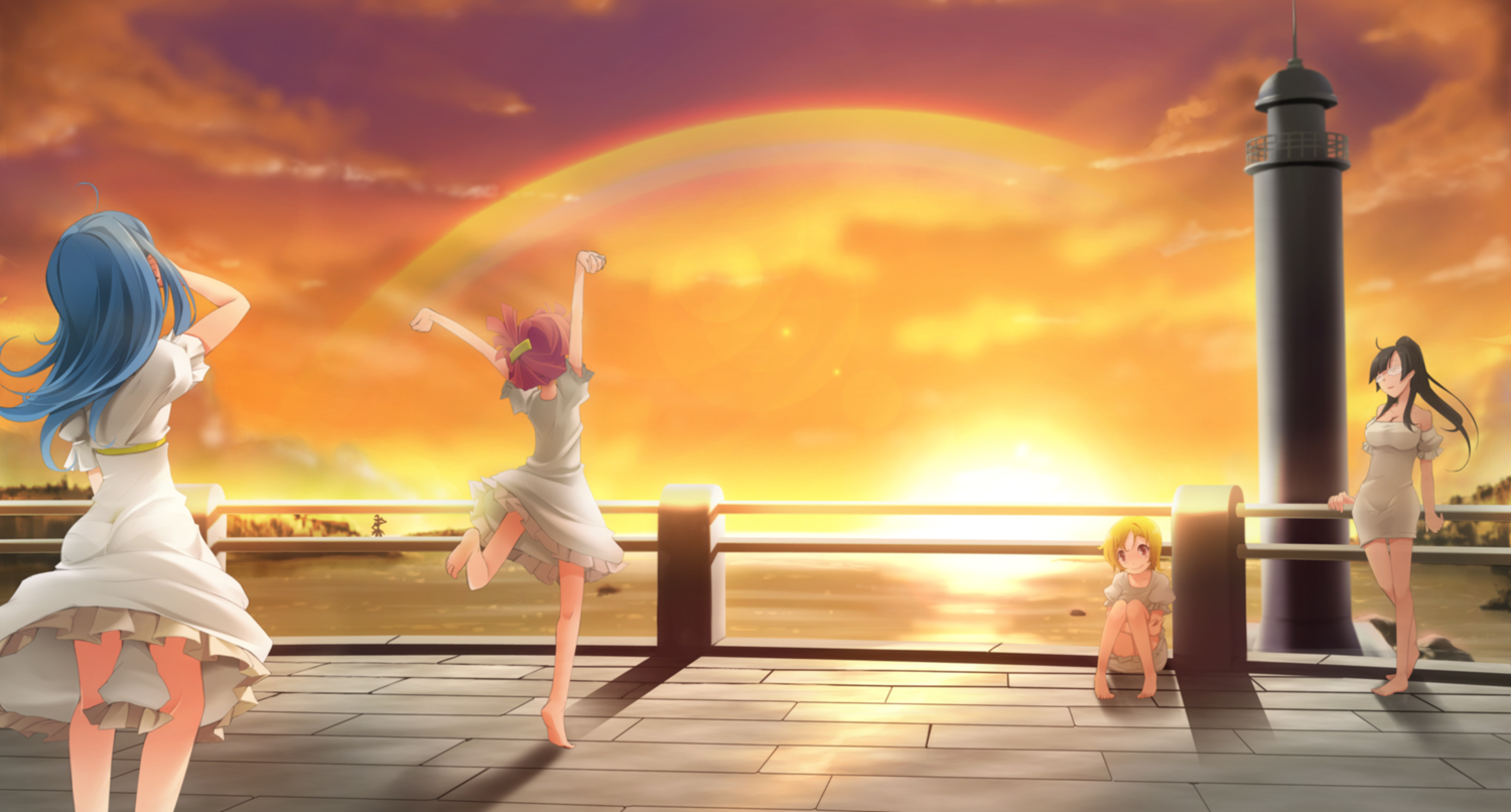 agemaki_wako, barefoot, dress, nichi_keito, rainbow, sakana_(character), star_driver, sunset, you_mizuno