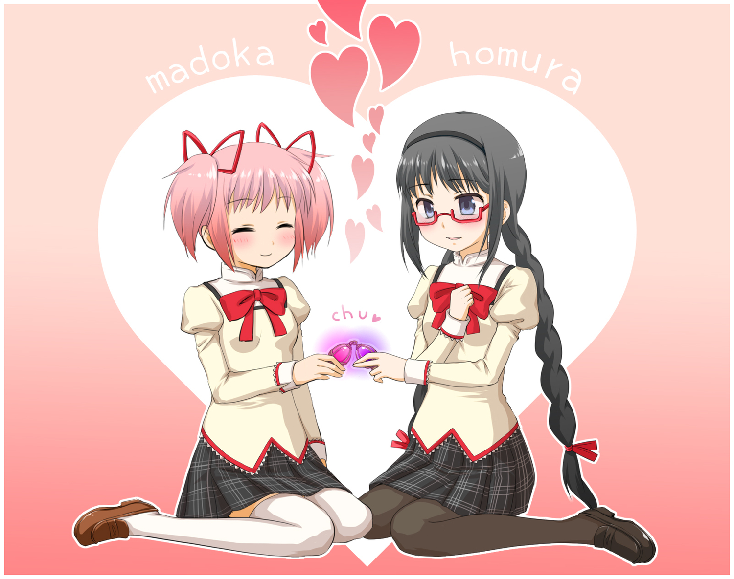 2girls, akemi_homura, braids, glasses, kaname_madoka, mahou_shoujo_madoka_magica, mishiyomi_kadumi, pink_hair, school_uniform, thighhighs