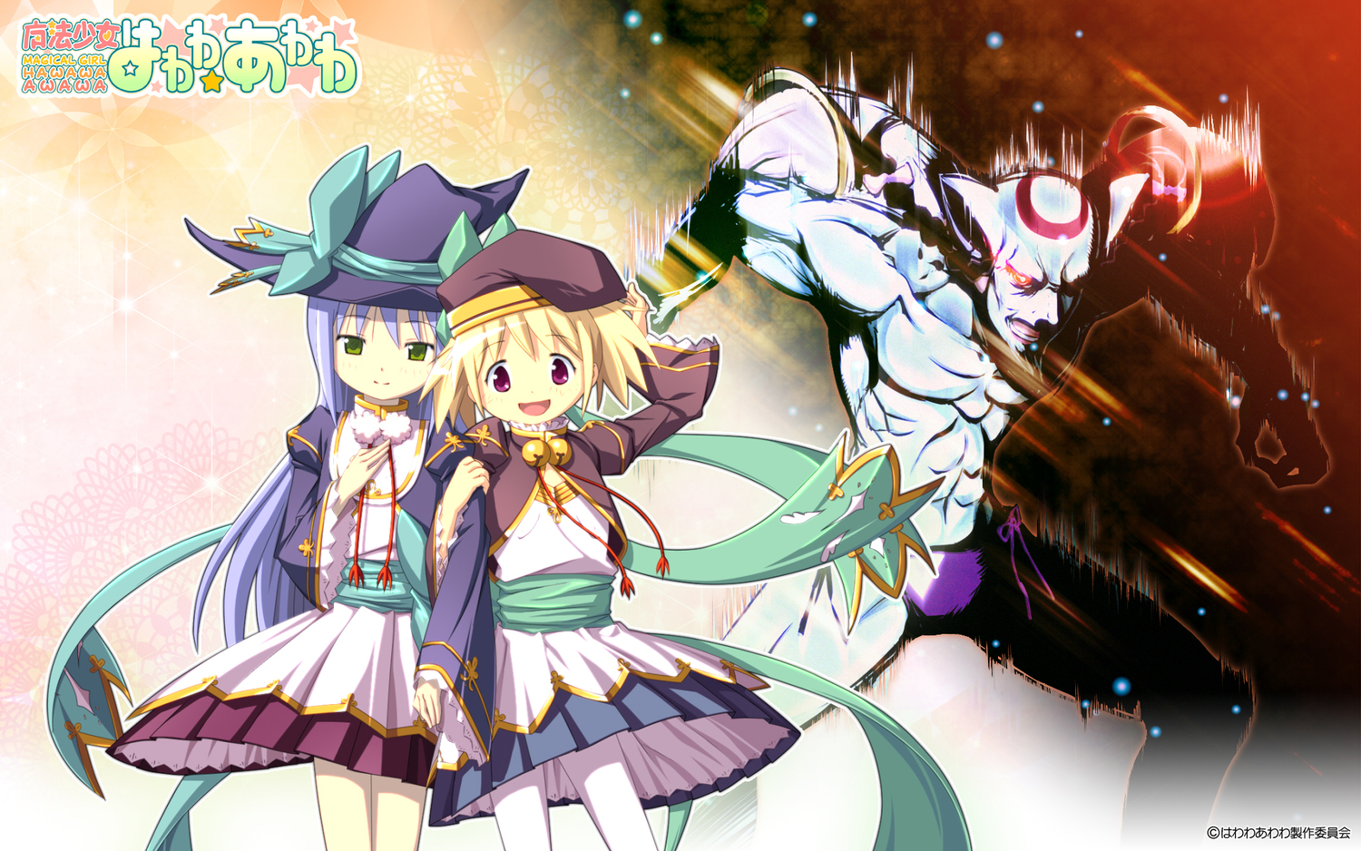 blonde_hair, chousen, dress, green_eyes, hat, houtou, koihime_musou, kyuubee, long_hair, mahou_shoujo_madoka_magica, pantyhose, parody, shokatsuryou, short_hair