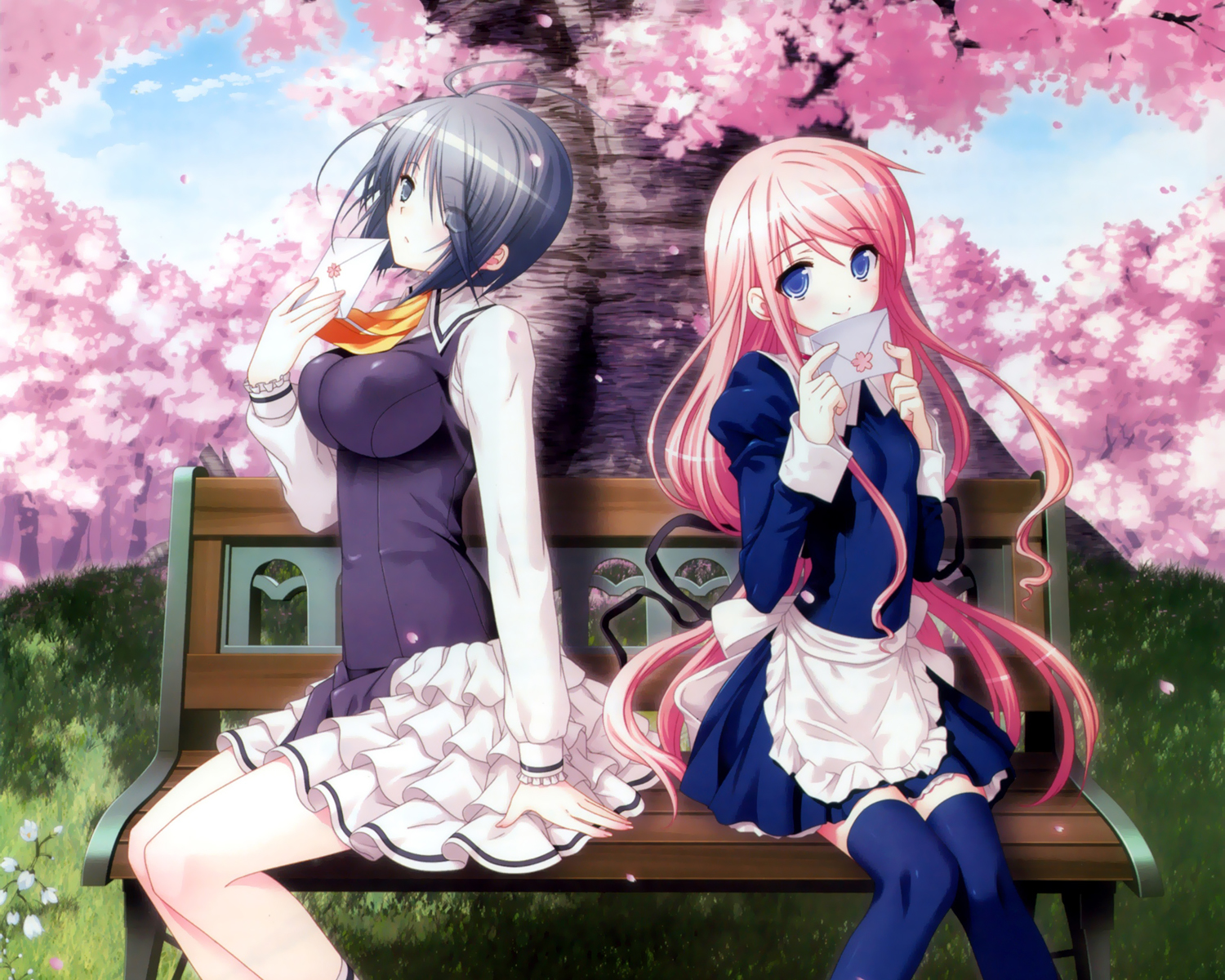 2girls, black_hair, blue_eyes, cropped, higa_yukari, kasukabe_akira, kirishima_sakura, long_hair, maid, pink_hair, sakura_nanako, sakura_sakura, school_uniform, short_hair, thighhighs