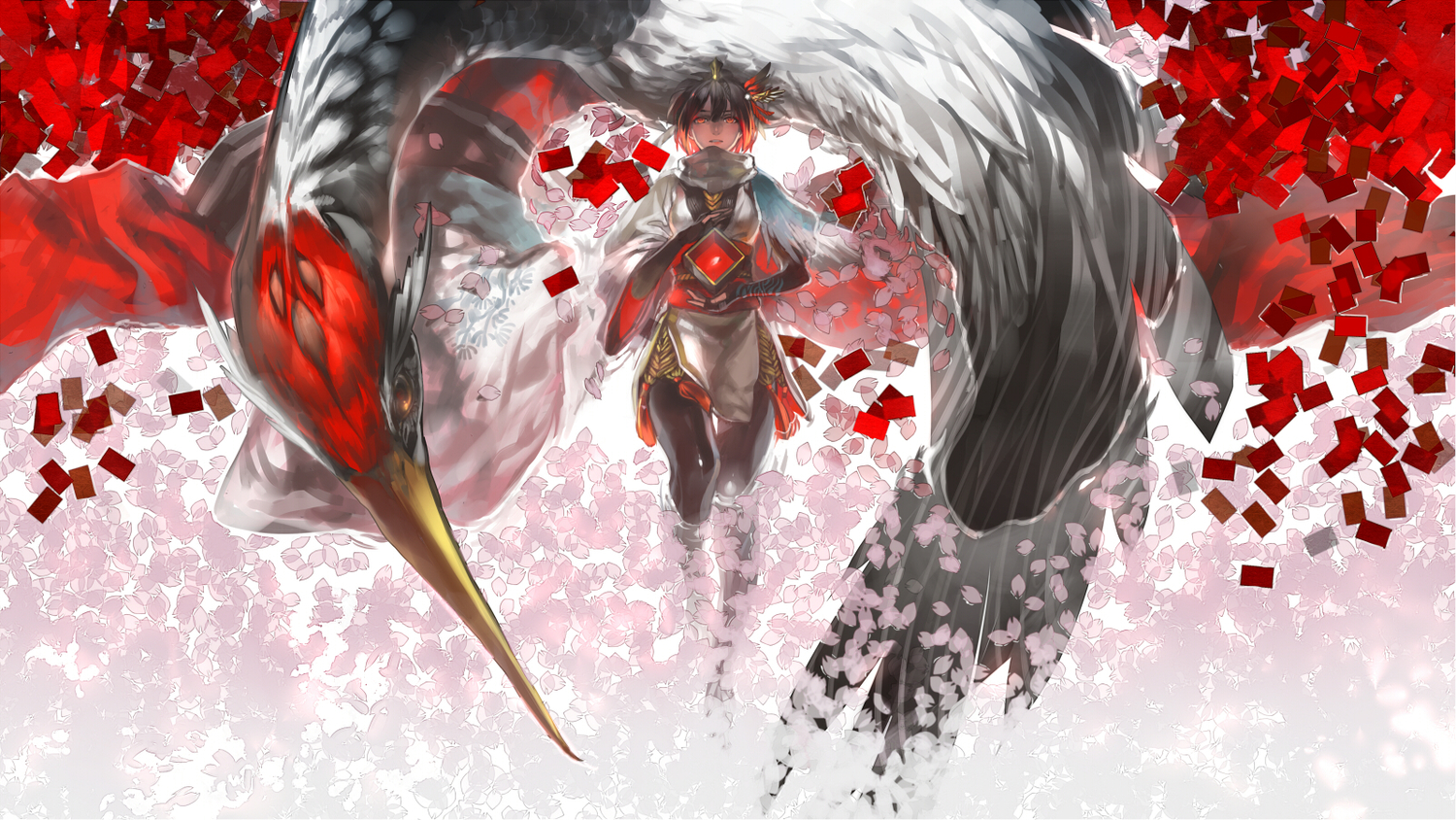 animal, bird, black_hair, elbow_gloves, gloves, orange_eyes, orange_hair, original