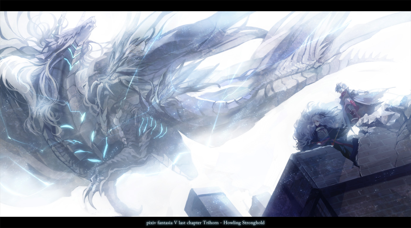 boots, dragon, kyouka_hatori, long_hair, original, pixiv_fantasia, short_hair, white_hair