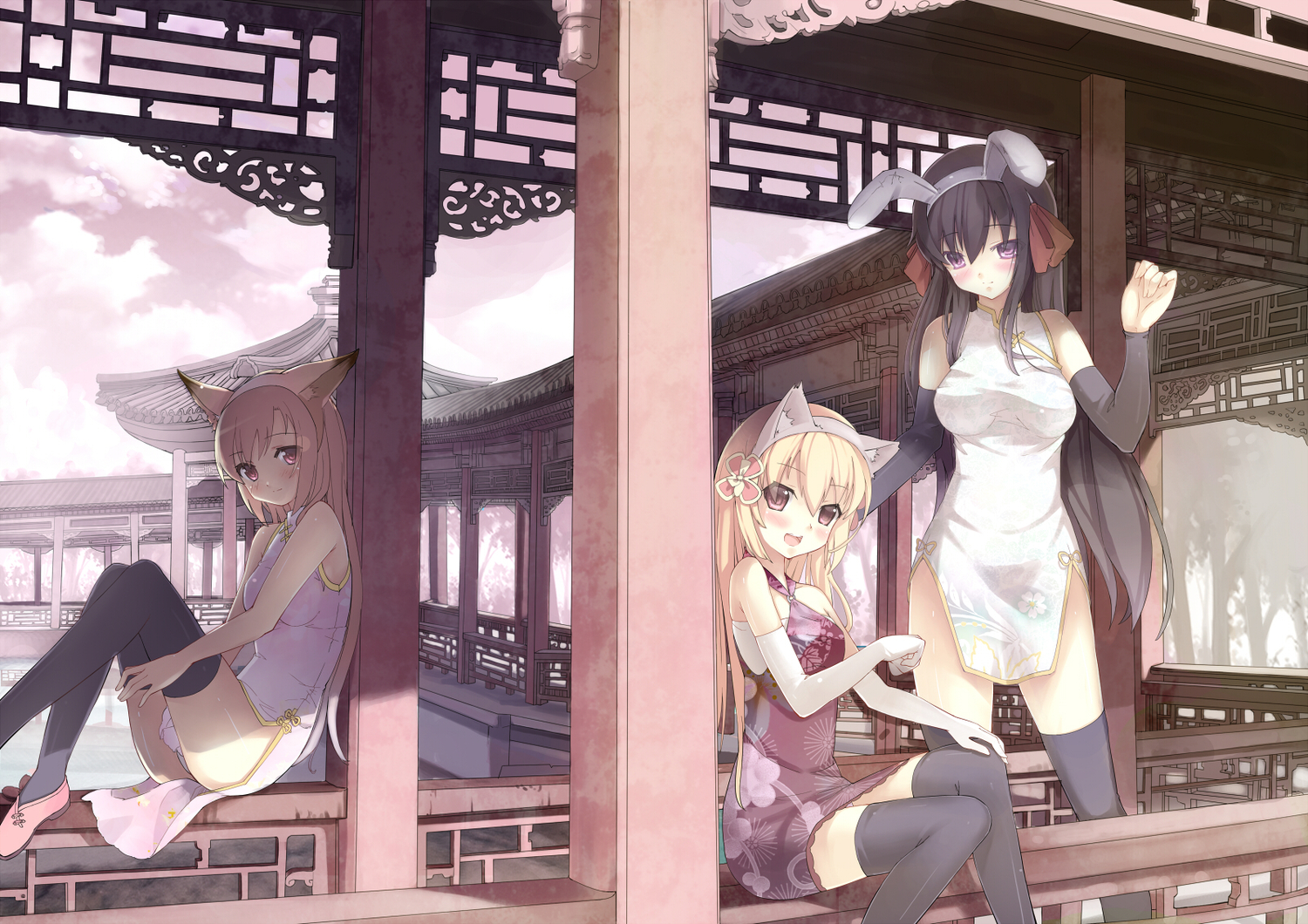 animal_ears, chinese_clothes, chinese_dress, dress, original, spirtie, thighhighs