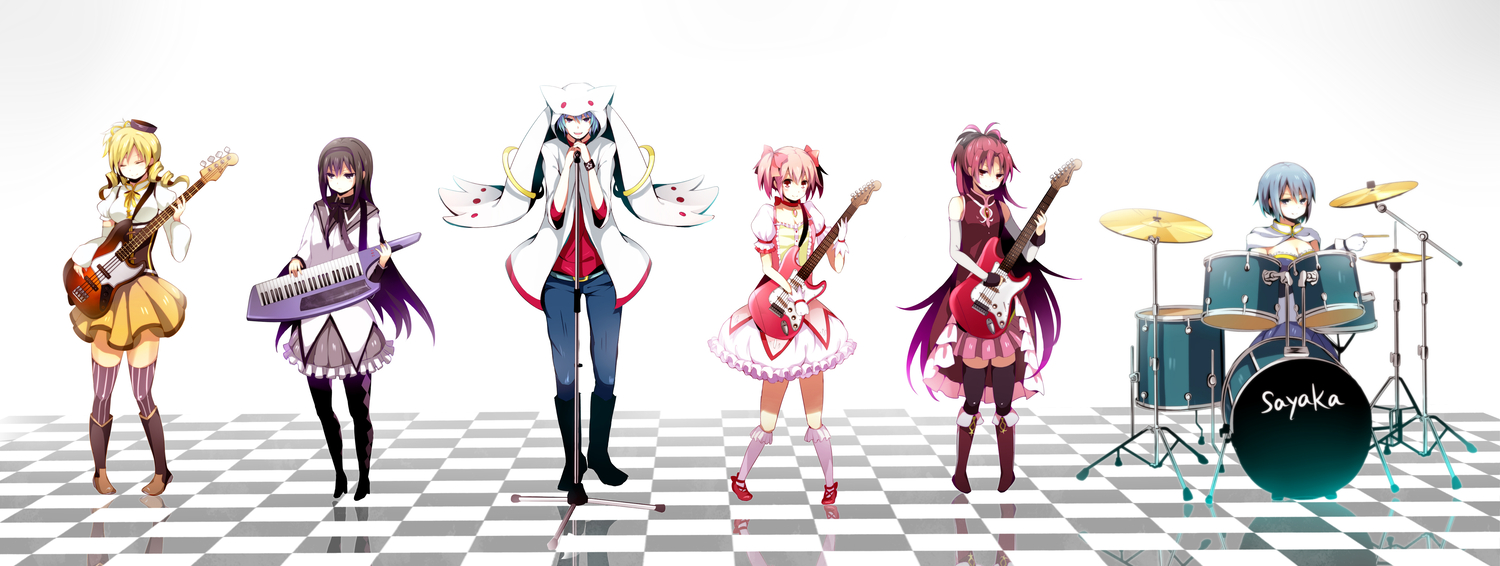akemi_homura, group, guitar, instrument, kaname_madoka, kyuubee, mahou_shoujo_madoka_magica, miki_sayaka