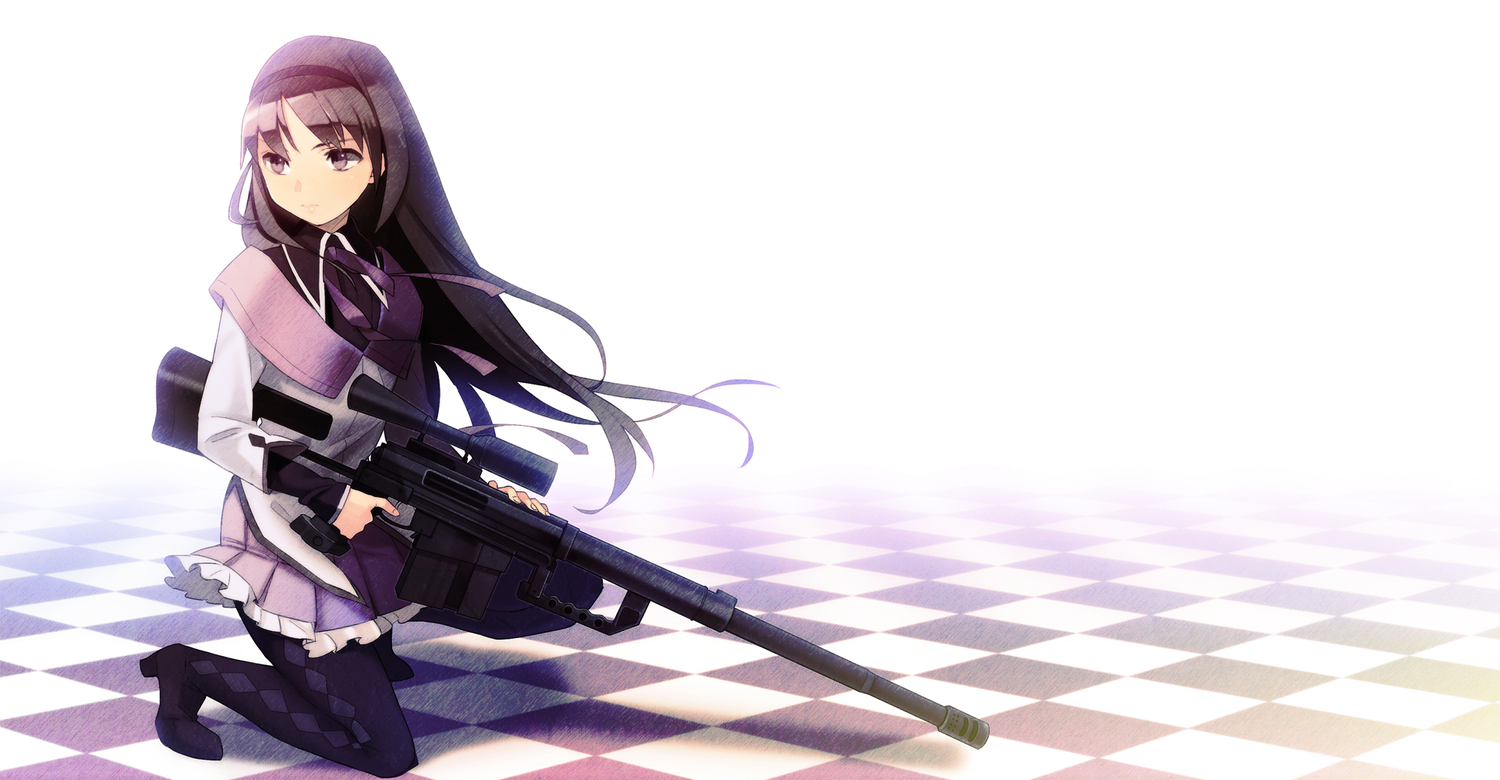akemi_homura, gun, mahou_shoujo_madoka_magica, purple_eyes, tsurusaki_yuu, weapon