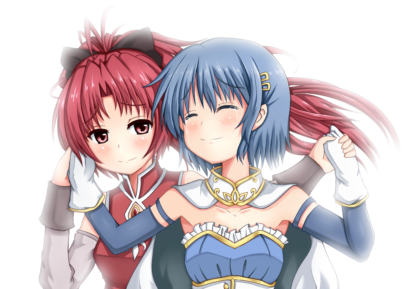 2girls, blue_hair, cape, mahou_shoujo_madoka_magica, miki_sayaka, nowheresoul, red_hair, sakura_kyouko, white