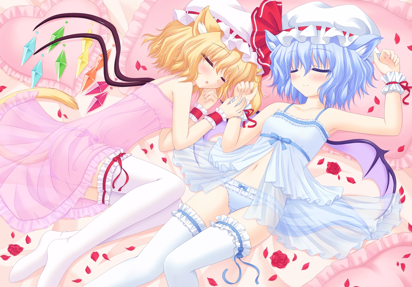 2girls, animal_ears, flandre_scarlet, panties, remilia_scarlet, see_through, shimotsuki_keisuke, sleeping