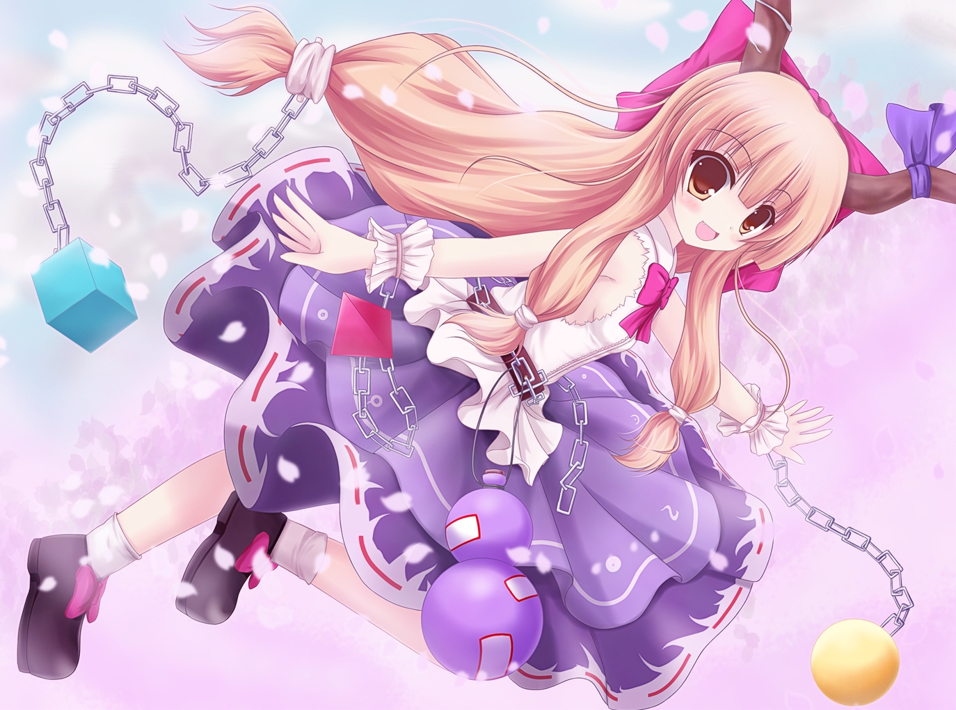 blonde_hair, bow, brown_eyes, chain, horns, ibuki_suika, long_hair, petals