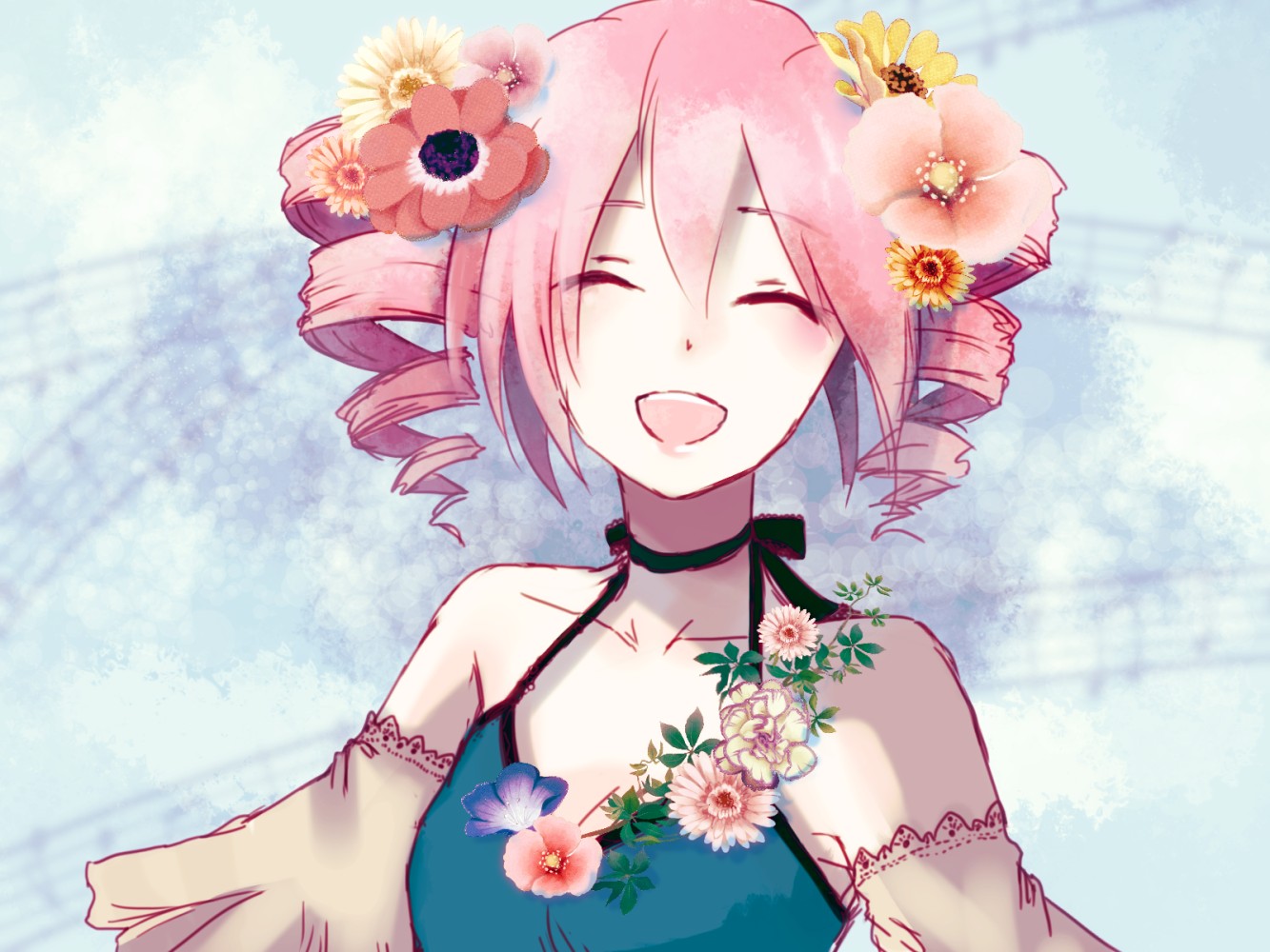 close, flowers, kasane_teto, nise_(navy), pink_hair, short_hair, twintails, utau