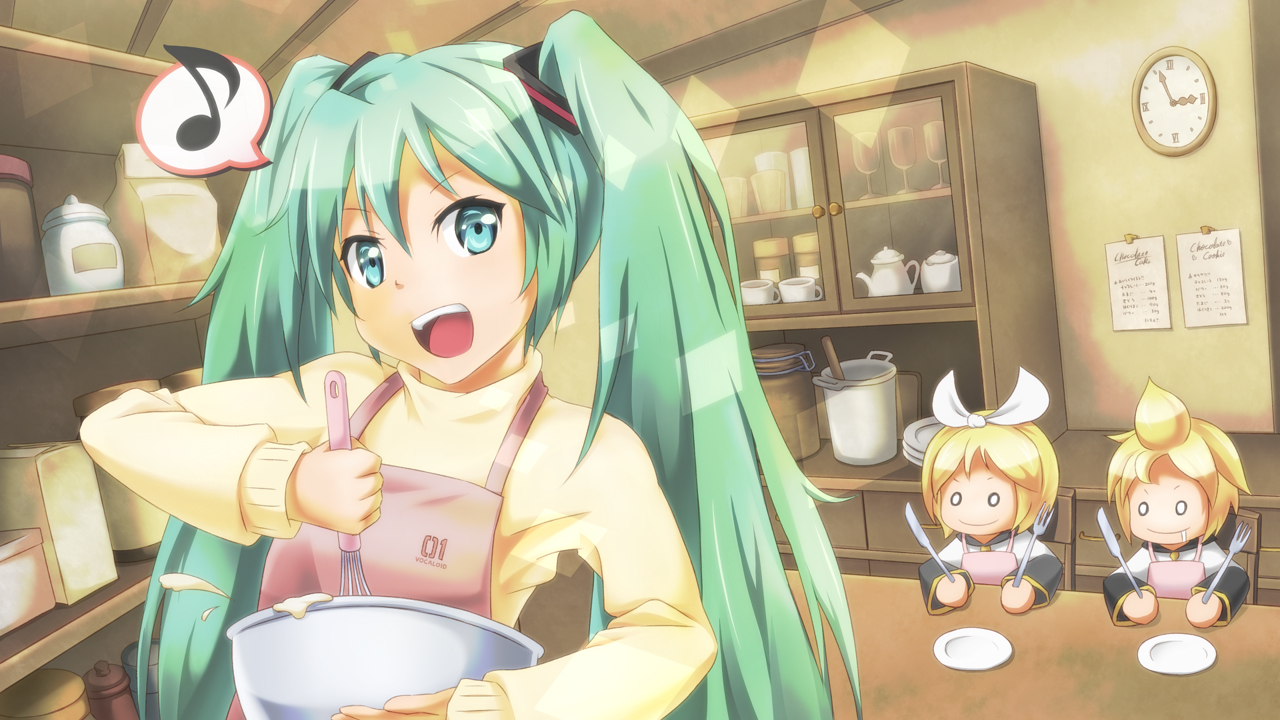 apron, aqua_eyes, blonde_hair, green_hair, hatsune_miku, kagamine_len, kagamine_rin, long_hair, male, onsen_(riai), twintails, vocaloid