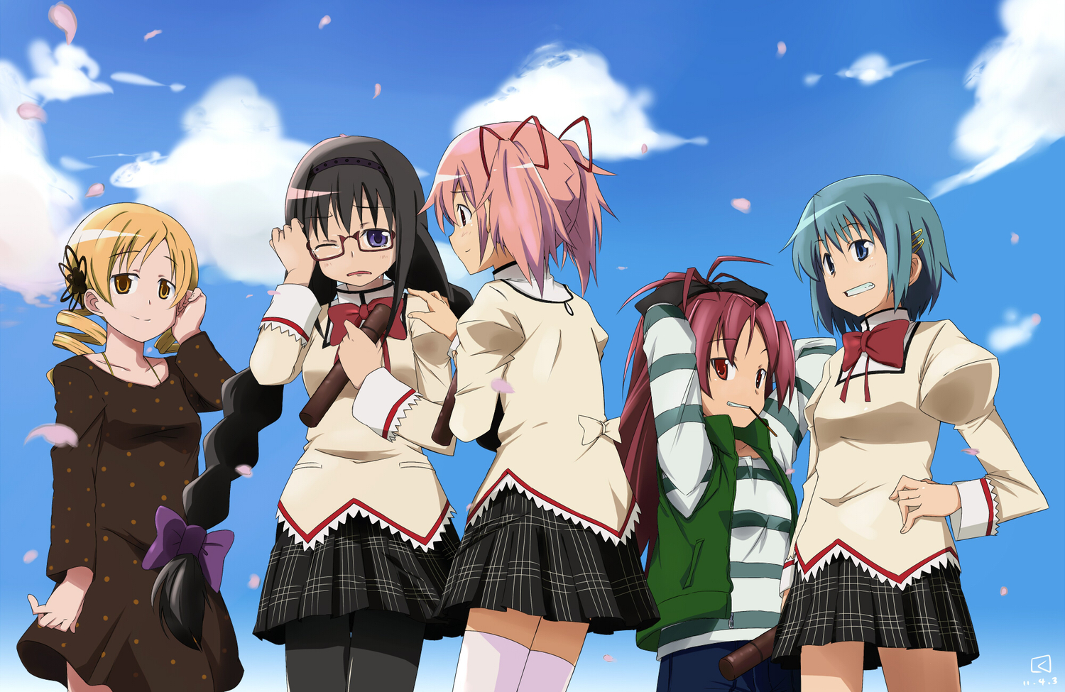akemi_homura, black_hair, blonde_hair, blue_eyes, blue_hair, braids, glasses, kaname_madoka, kueru, long_hair, mahou_shoujo_madoka_magica, miki_sayaka, pantyhose, petals, ponytail, purple_eyes, red_eyes, red_hair, sakura_kyouko, school_uniform, short_hair, sky, tears, thighhighs, tomoe_mami, twintails, yellow_eyes