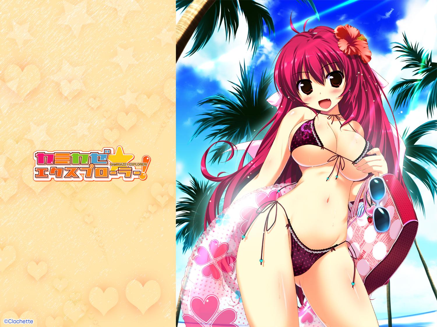 bikini, breasts, clochette, kamikaze_explorer, long_hair, oshiki_hitoshi, red_eyes, red_hair, swimsuit, underboob, yuutenji_mishio