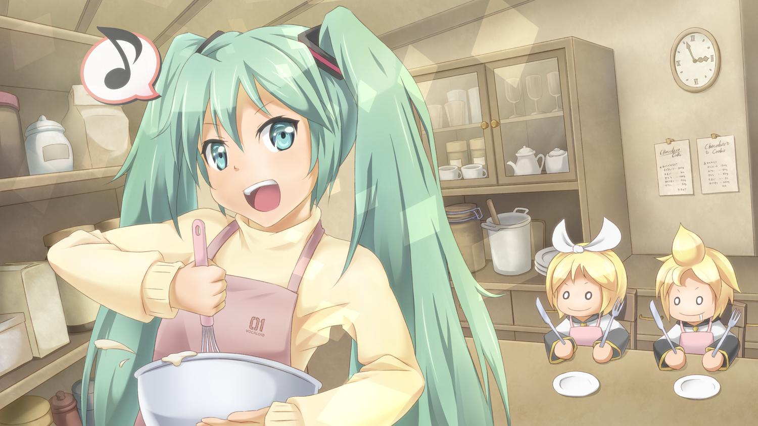 apron, aqua_eyes, blonde_hair, green_hair, hatsune_miku, kagamine_len, kagamine_rin, long_hair, male, onsen_(riai), twintails, vocaloid