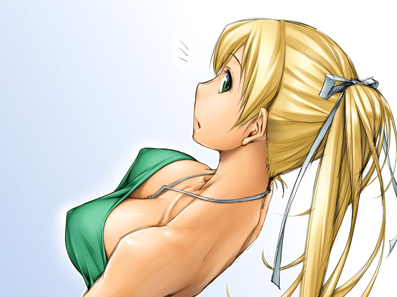 blonde_hair, breasts, cleavage, erect_nipples, green_eyes, mt1, necklace, original