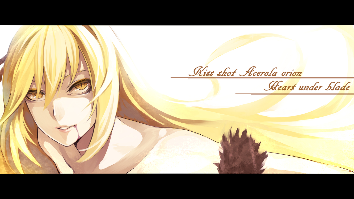 bakemonogatari, blonde_hair, blood, close, kissshot_acerolaorion_heartunderblade, long_hair, monogatari_(series), oshino_shinobu