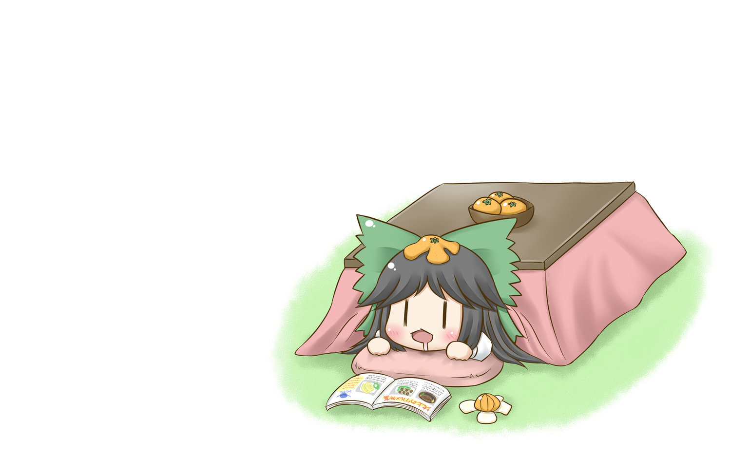 aonagi_ibane, black_hair, blush, chibi, food, reiuji_utsuho, touhou, white