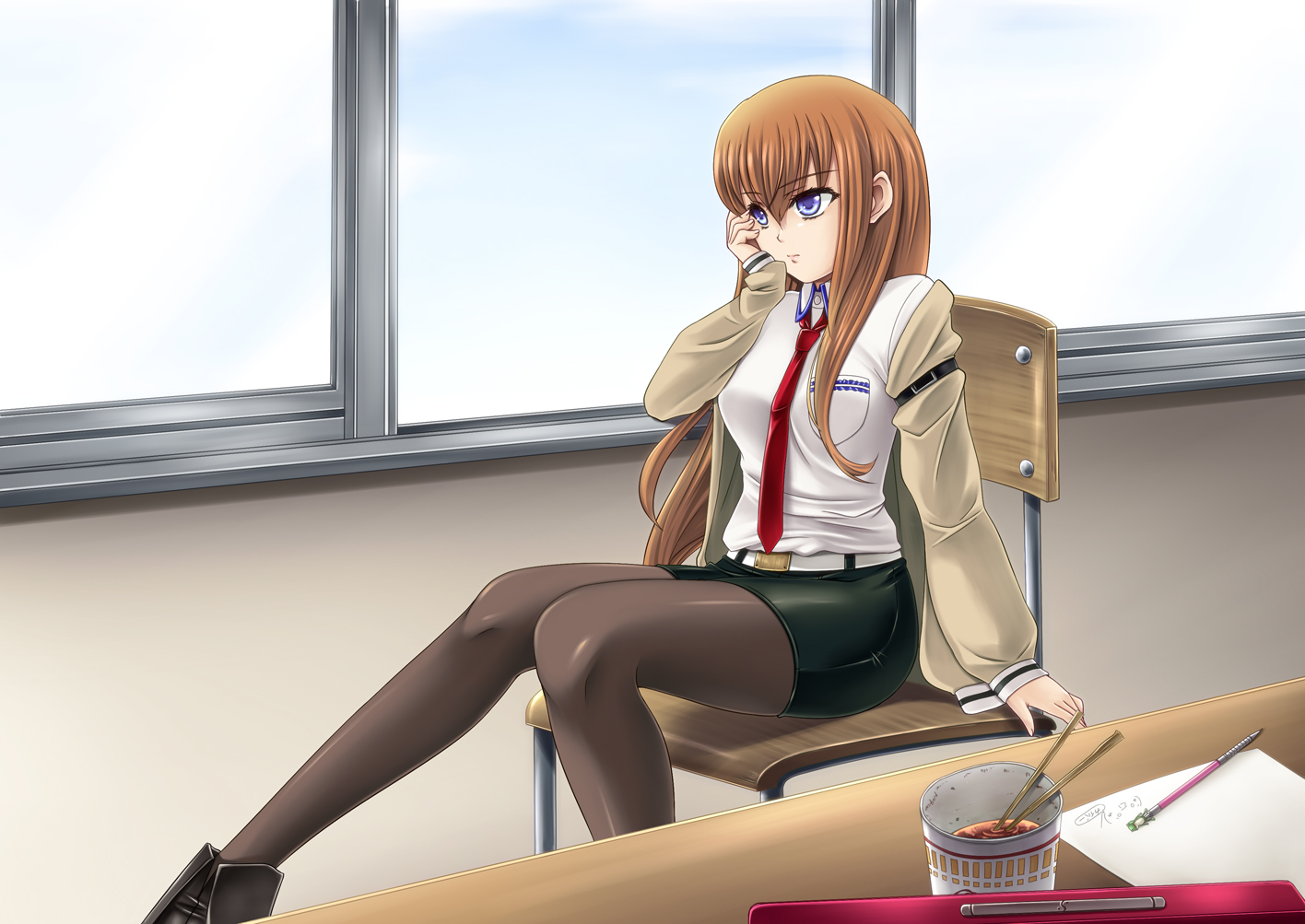 blue_eyes, brown_hair, hayami_kyuuen, makise_kurisu, pantyhose, shorts, steins;gate, tie