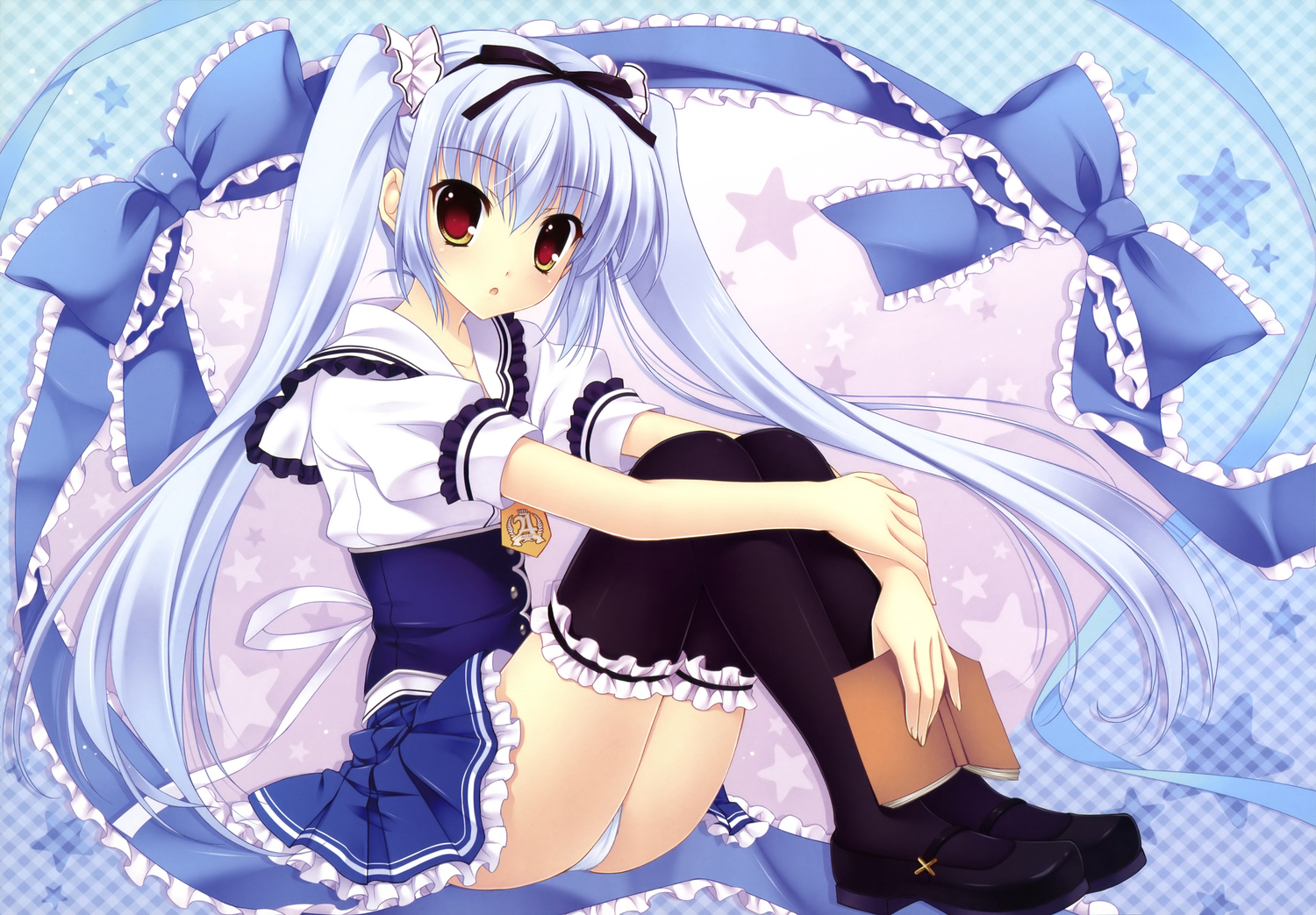 blue_hair, book, bow, kusunoki_kukune, long_hair, mitha, nanawind, panties, scan, school_uniform, thighhighs, twintails, underwear, white_hair, yuyukana