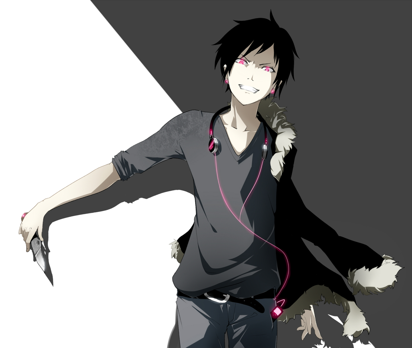 all_male, black_hair, durarara!!, headphones, knife, male, ogipote, orihara_izaya