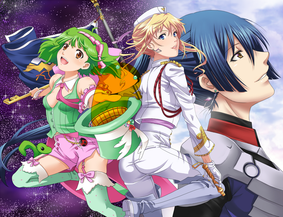 blonde_hair, breasts, cleavage, green_hair, hat, macross, macross_frontier, male