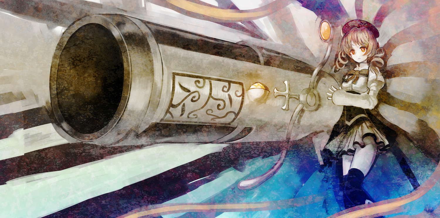 dress, mahou_shoujo_madoka_magica, organ_derwald, thighhighs, tomoe_mami, weapon