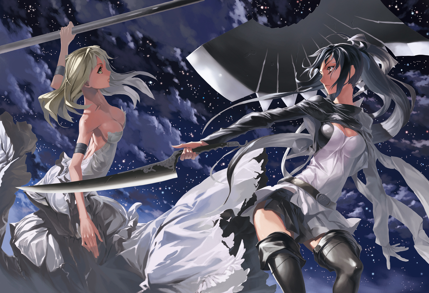 black_hair, blonde_hair, breasts, cleavage, justminor, original, sword, thighhighs