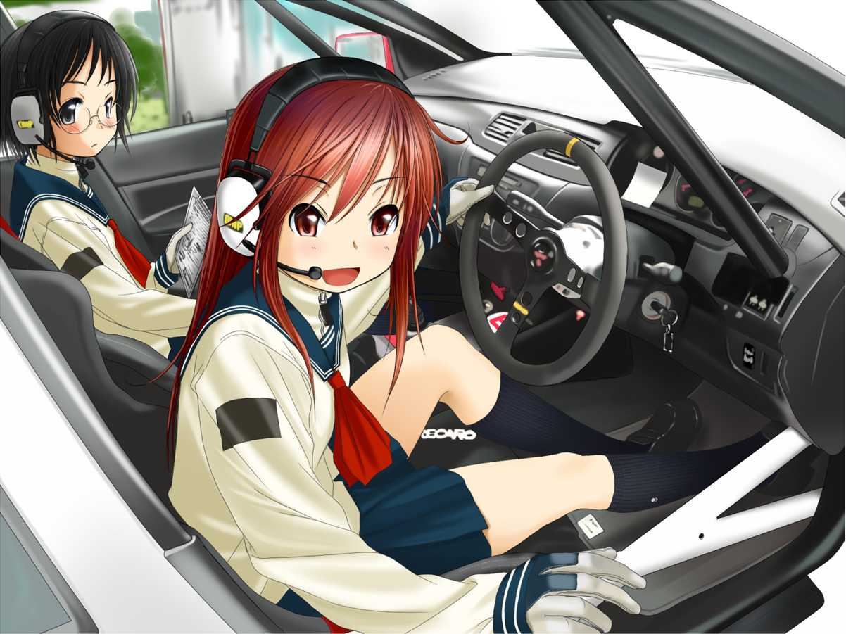 2girls, black_eyes, black_hair, blush, car, gloves, headphones, kneehighs, long_hair, microphone, original, red_eyes, red_hair, retsu_maru, school_uniform, short_hair, skirt