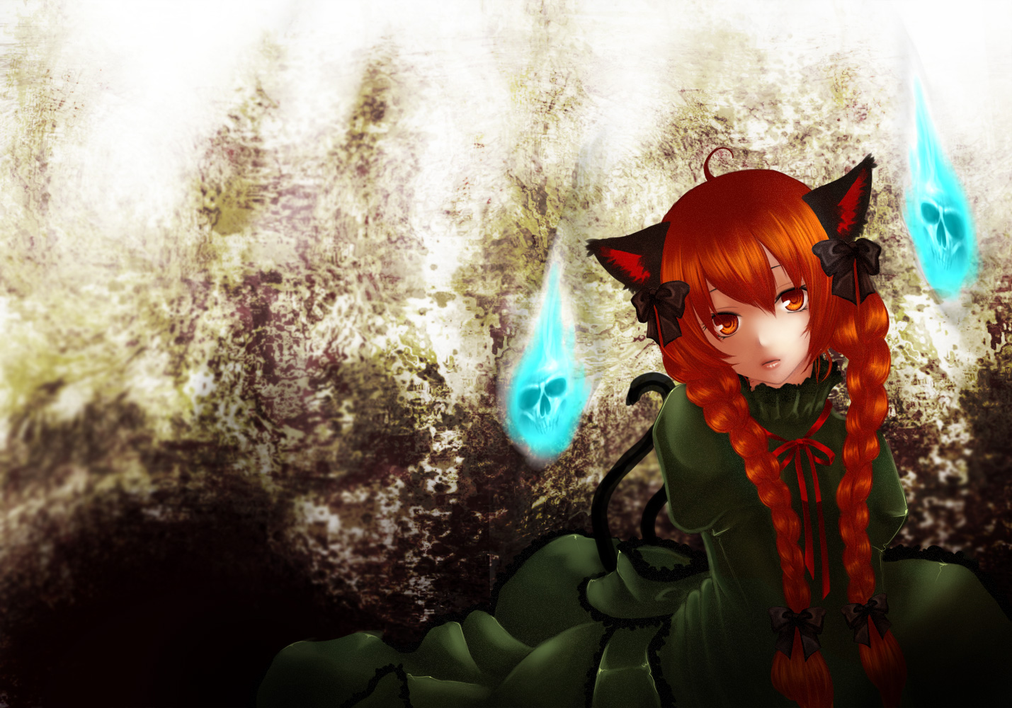 animal_ears, bow, braids, catgirl, dress, geike, kaenbyou_rin, multiple_tails