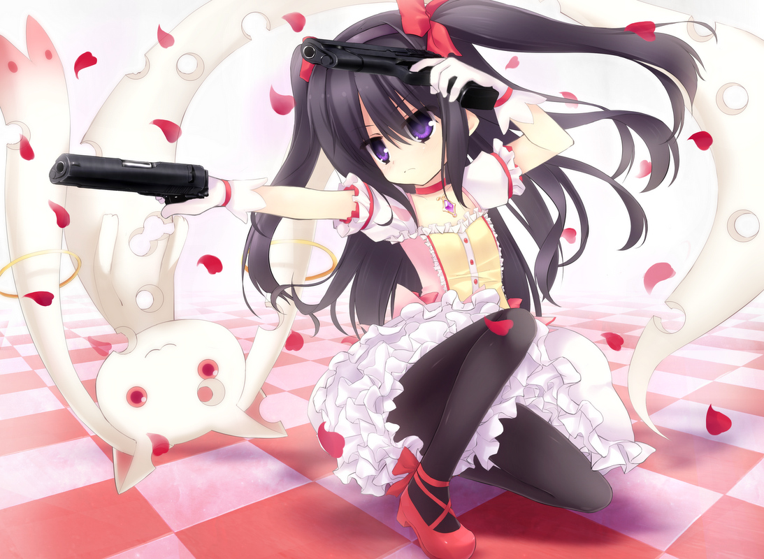 akemi_homura, dress, gun, kyuubee, mahou_shoujo_madoka_magica, petals, purple_eyes, unjou_takehiro, weapon