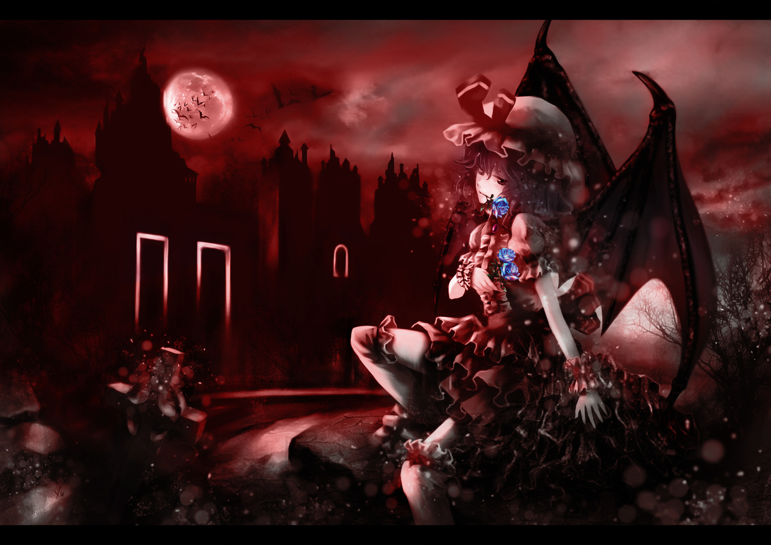 animal, bat, dress, flowers, hat, heiyuen, moon, red