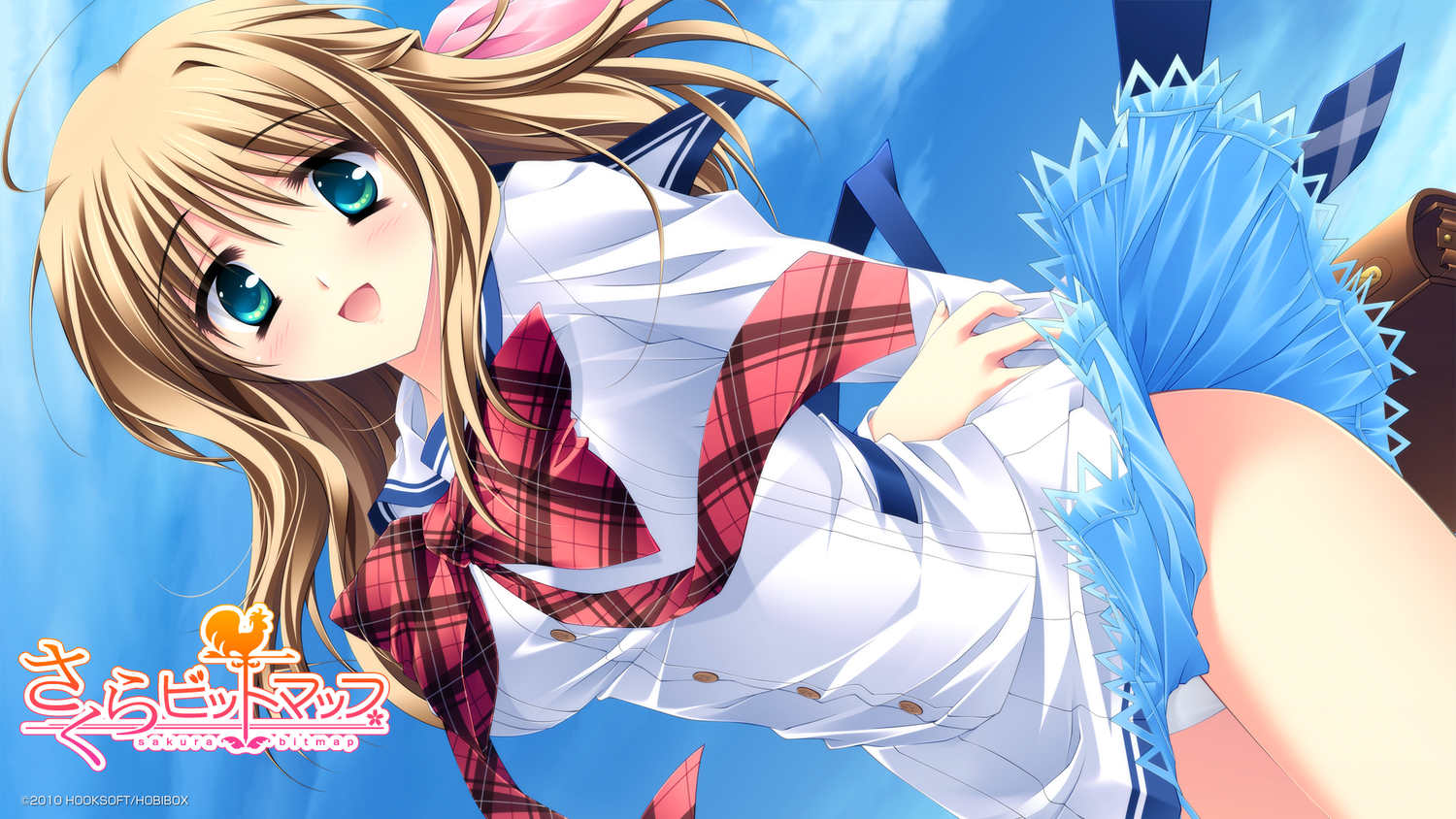 blonde_hair, blue_eyes, matsushita_makako, mizuhara_koharu, panties, sakura_bitmap, school_uniform, underwear